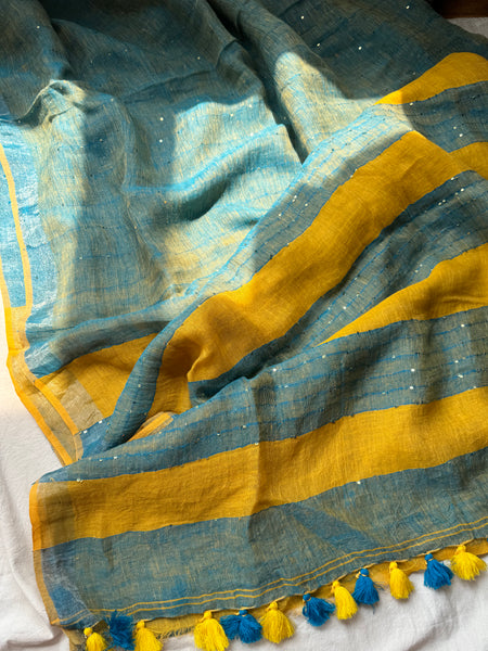 Handwoven linen blue saree with woven sitara