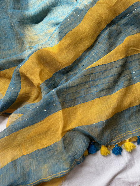 Handwoven linen blue saree with woven sitara
