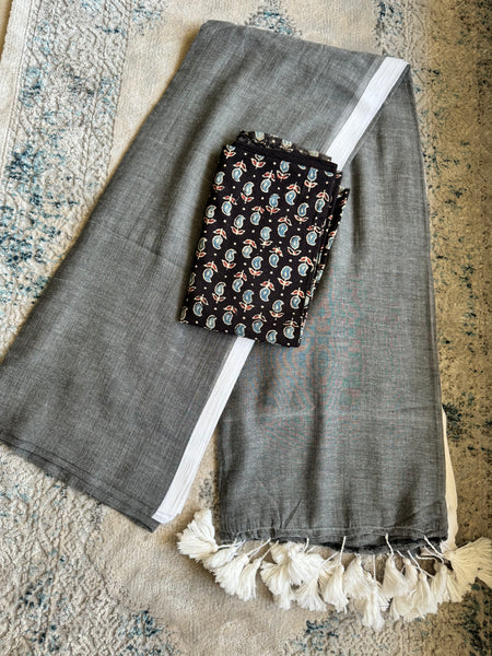 Plain Mul Cotton Saree - Grey