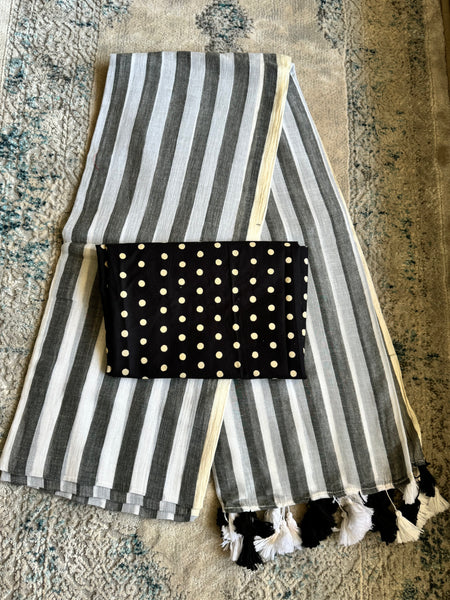 Plain Mul Cotton Saree - Offwhite with stripes