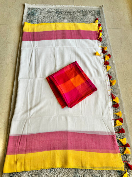 Plain Mul Cotton Saree - Offwhite with border