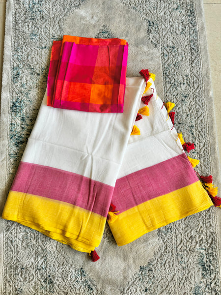 Plain Mul Cotton Saree - Offwhite with border