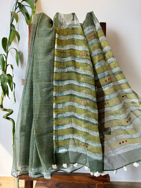 Embroidered pallu - Green kota Doria Saree