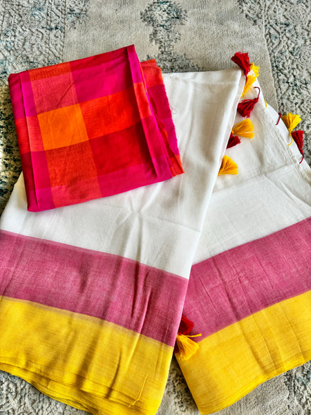 Plain Mul Cotton Saree - Offwhite with border