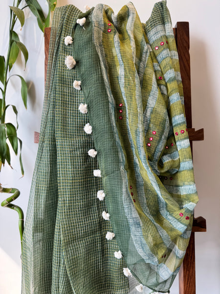 Embroidered pallu - Green kota Doria Saree