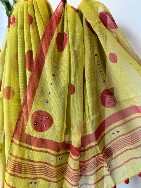 Embroidered pallu -  Mehandi Green kota Doria Saree