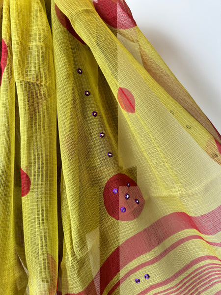 Embroidered pallu -  Mehandi Green kota Doria Saree