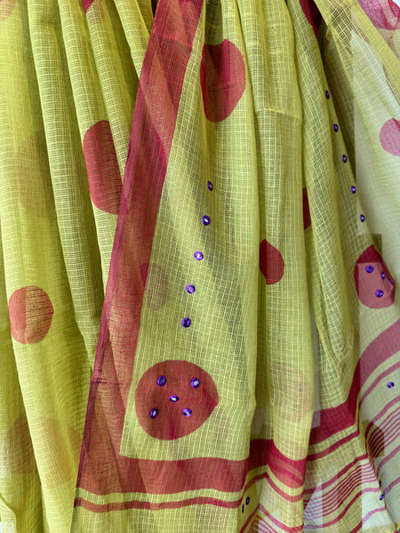 Embroidered pallu -  Mehandi Green kota Doria Saree