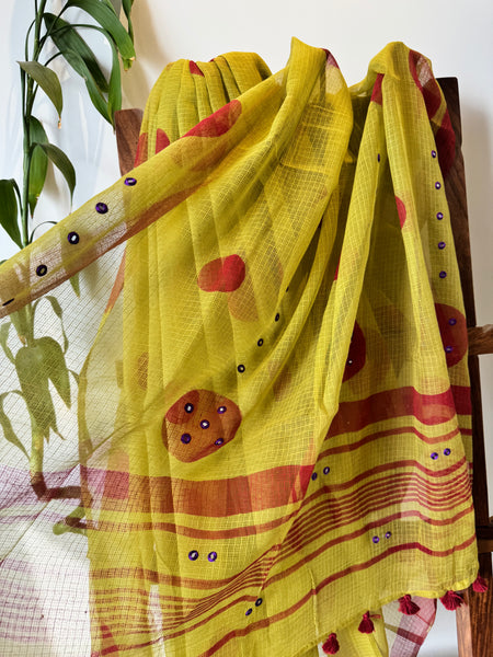 Embroidered pallu -  Mehandi Green kota Doria Saree