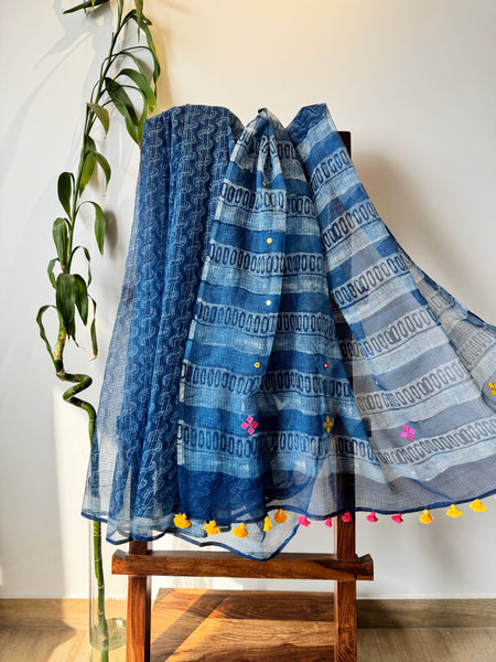 रंगमंच - Embroidered pallu -  Indigo kota Doria Saree