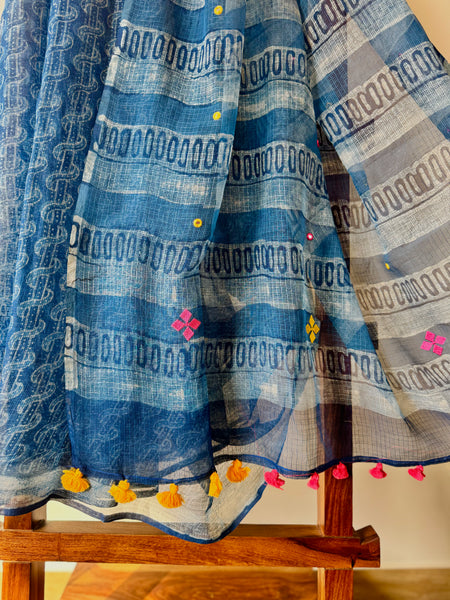 रंगमंच - Embroidered pallu -  Indigo kota Doria Saree
