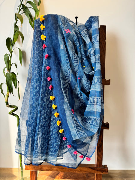 रंगमंच - Embroidered pallu -  Indigo kota Doria Saree