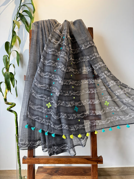 रंगमंच - Embroidered pallu -  Black kota Doria Saree