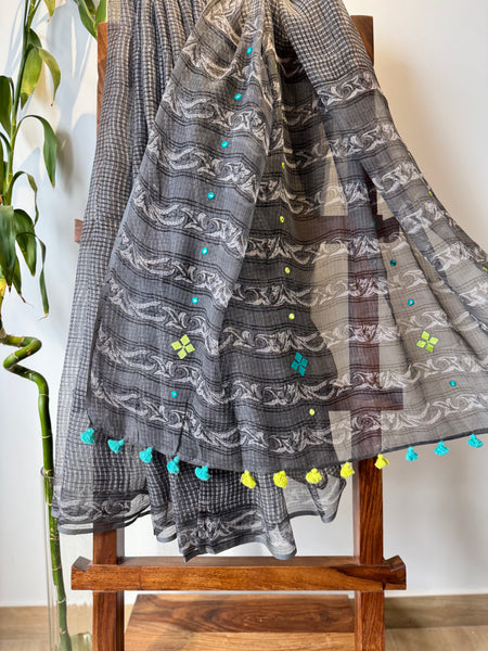 रंगमंच - Embroidered pallu -  Black kota Doria Saree