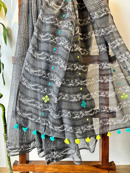 रंगमंच - Embroidered pallu -  Black kota Doria Saree
