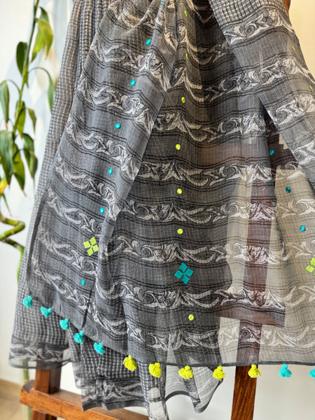 रंगमंच - Embroidered pallu -  Black kota Doria Saree
