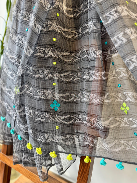 रंगमंच - Embroidered pallu -  Black kota Doria Saree