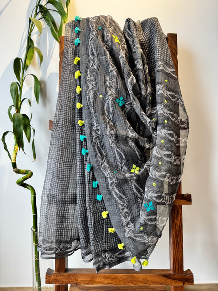 रंगमंच - Embroidered pallu -  Black kota Doria Saree