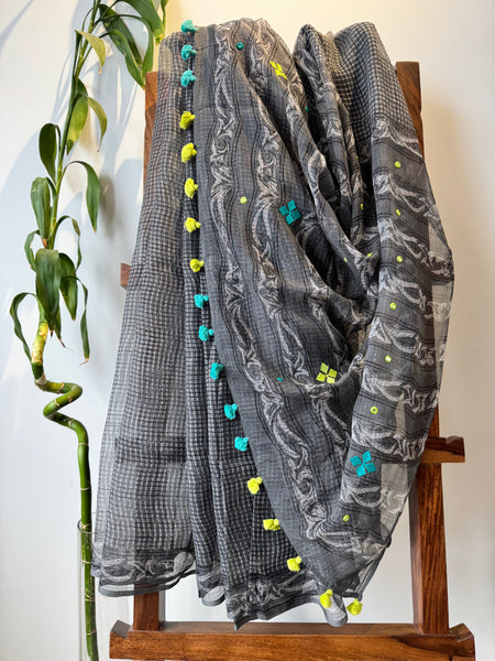 रंगमंच - Embroidered pallu -  Black kota Doria Saree