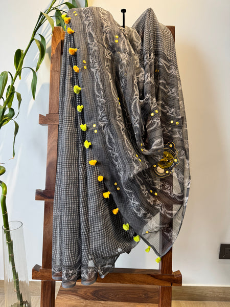 रंगमंच -kalamkari Patchwork Embroidered pallu - Dark grey kota Doria Saree