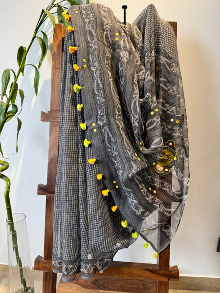 रंगमंच -kalamkari Patchwork Embroidered pallu - Dark grey kota Doria Saree
