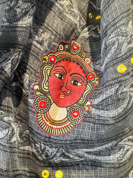 रंगमंच -kalamkari Patchwork Embroidered pallu - Dark grey kota Doria Saree