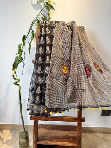 रंगमंच -kalamkari Patchwork Embroidered pallu - Black kota Doria Saree