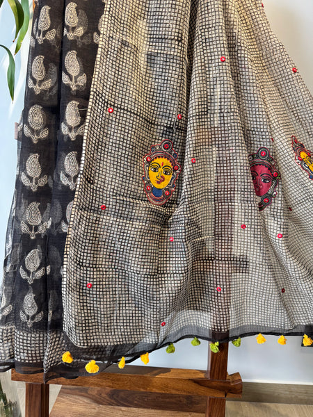 रंगमंच -kalamkari Patchwork Embroidered pallu - Black kota Doria Saree