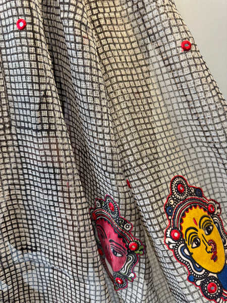 रंगमंच -kalamkari Patchwork Embroidered pallu - Black kota Doria Saree
