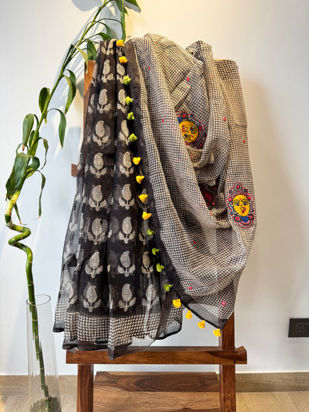 रंगमंच -kalamkari Patchwork Embroidered pallu - Black kota Doria Saree