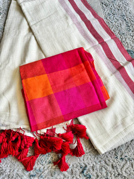 Plain Mul Cotton Saree - Offwhite with border