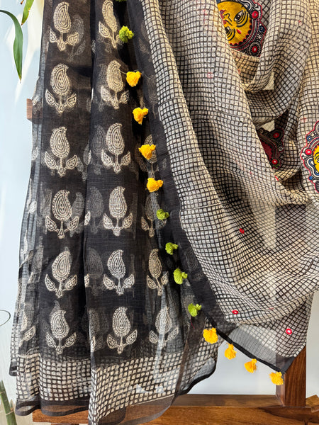 रंगमंच -kalamkari Patchwork Embroidered pallu - Black kota Doria Saree