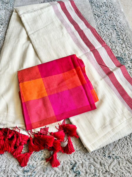Plain Mul Cotton Saree - Offwhite with border