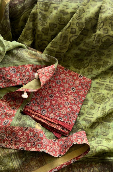 kota doria cotton saree with ajrakh patchwork border