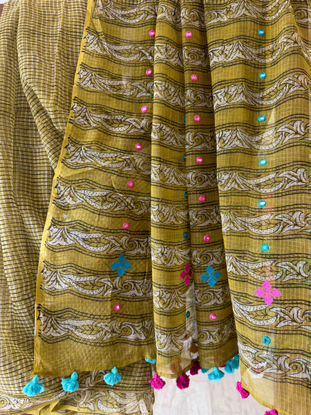 रंगमंच - Embroidered Pallu Kota Saree- Mehandi Green