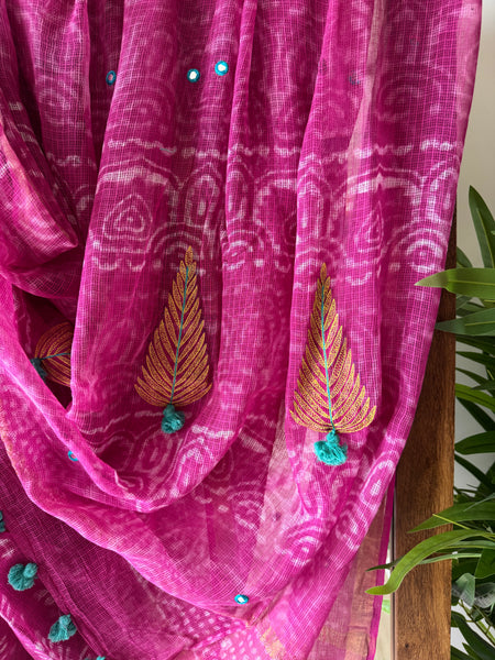 रंगमंच -Embroidered pallu Kota Saree - Bright Pink