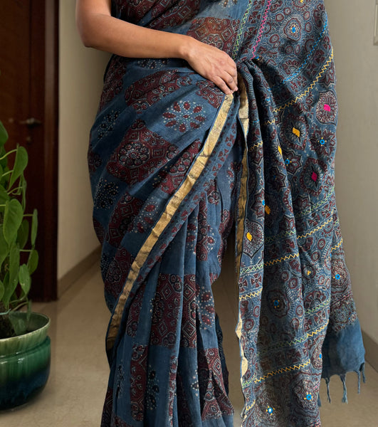 Ajrakh Block Printed Handwoven Linen Saree with Embroidery