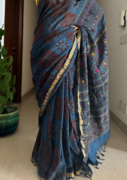 Ajrakh Block Printed Handwoven Linen Saree with Embroidery