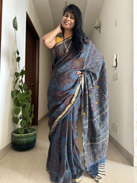Ajrakh Block Printed Handwoven Linen Saree with Embroidery