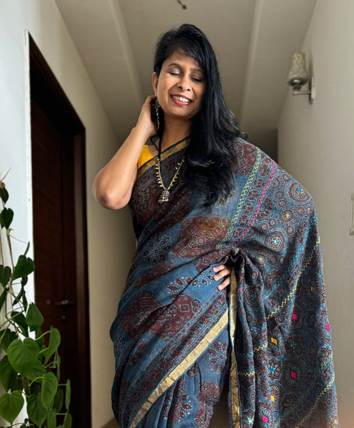 Ajrakh Block Printed Handwoven Linen Saree with Embroidery