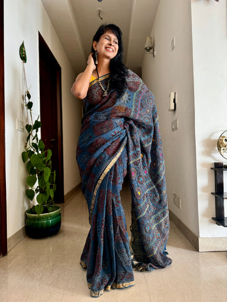 Ajrakh Block Printed Handwoven Linen Saree with Embroidery
