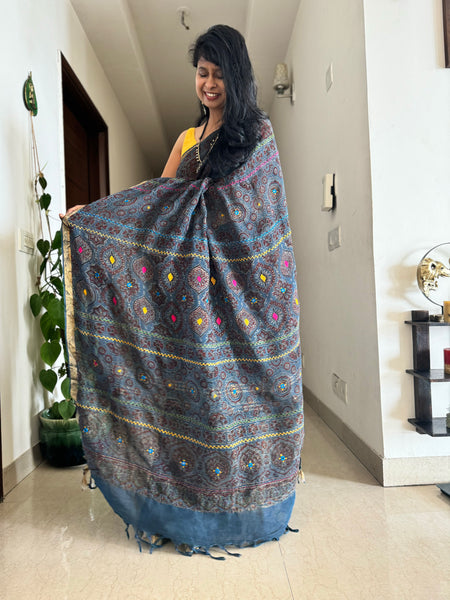 Ajrakh Block Printed Handwoven Linen Saree with Embroidery