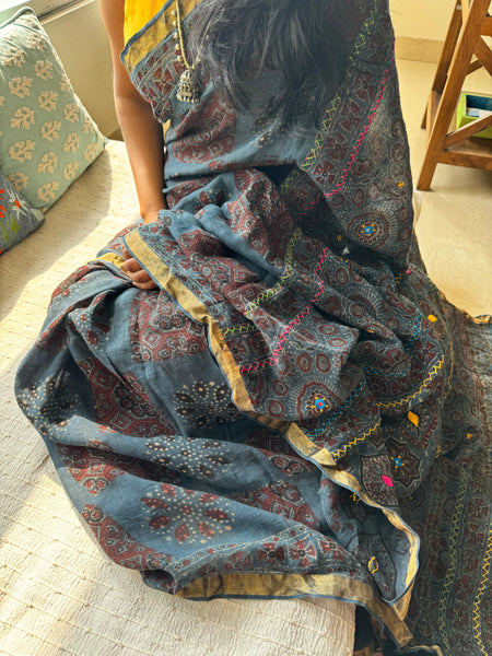 Ajrakh Block Printed Handwoven Linen Saree with Embroidery