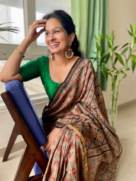 Ajrakh naturally dyed cotton silk saree