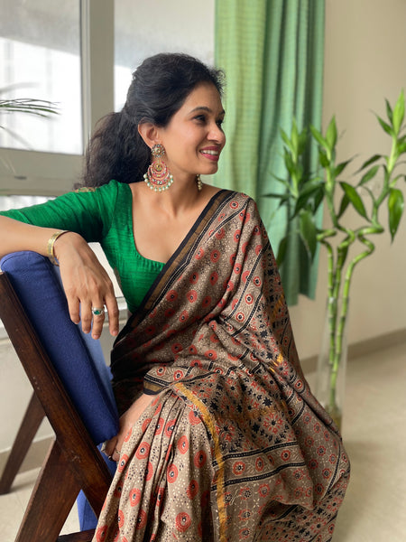 Ajrakh naturally dyed cotton silk saree