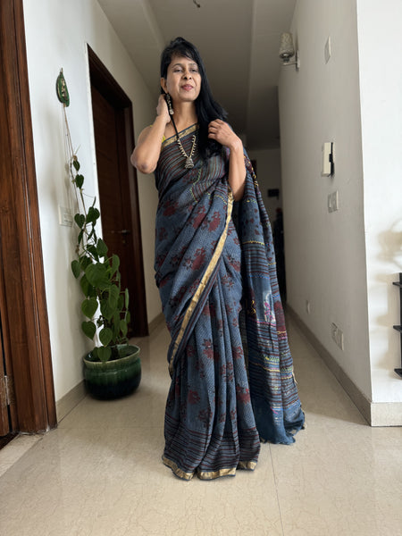 Ajrakh Block Printed Handwoven Linen Saree with Embroidery