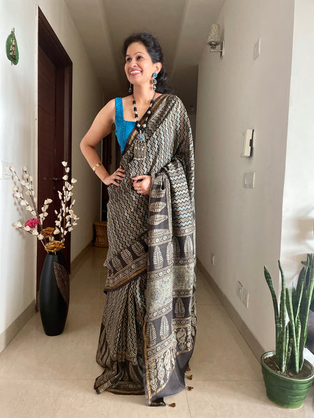 Ajrakh naturally dyed cotton silk saree