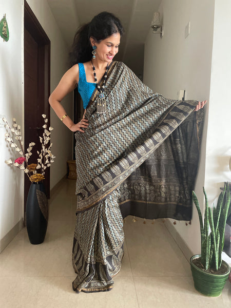 Ajrakh naturally dyed cotton silk saree