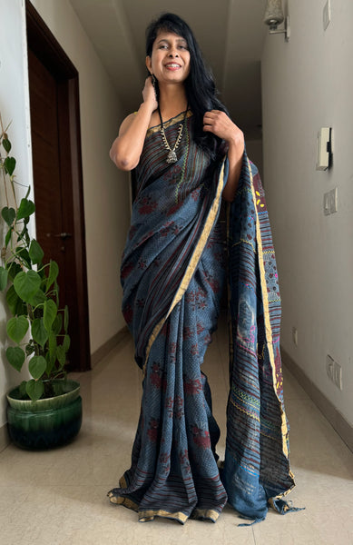 Ajrakh Block Printed Handwoven Linen Saree with Embroidery
