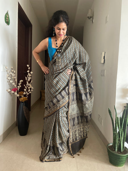 Ajrakh naturally dyed cotton silk saree